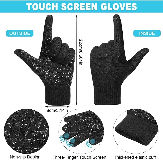 Winter Fleece Lined Beanie Hat Scarf Sock Touchscreen Gloves Set for Men Women