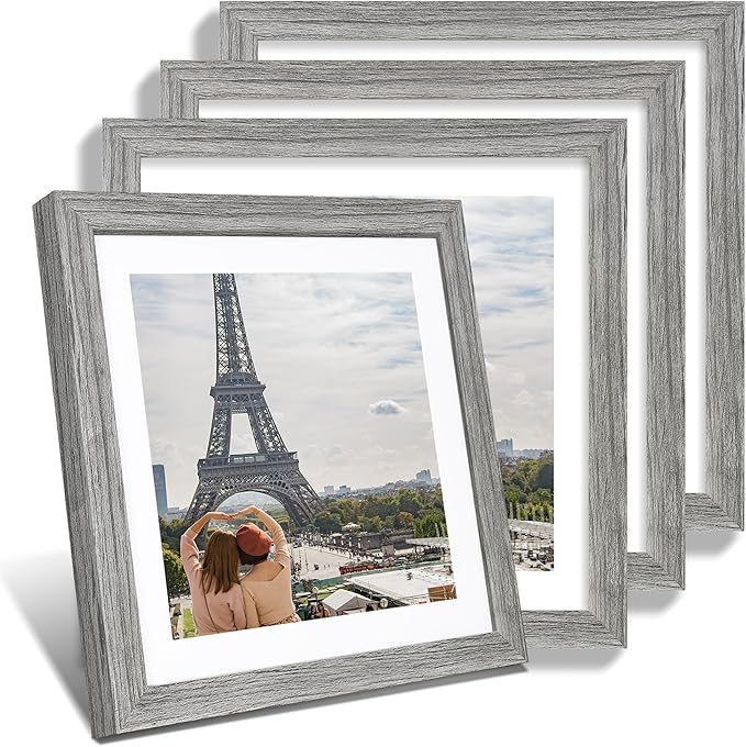 12x12 Picture Frame Set of 4 - Made of Glass and Grey Wooden Frame, Display Square Pictures 10x10 with Mat or 12 x 12 without Mat, Desktop & Wall Collage Photo Frame