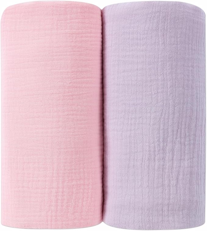 DaysU Muslin Baby Swaddle Blanket, Cotton Swaddling Blankets for Baby Boy and Girl, Nursery Skin-Friendly Baby Receiving Blanket for Newborns, Breathable Swaddle Wrap 2 Pack, 47”x47”-Pink+Lilac