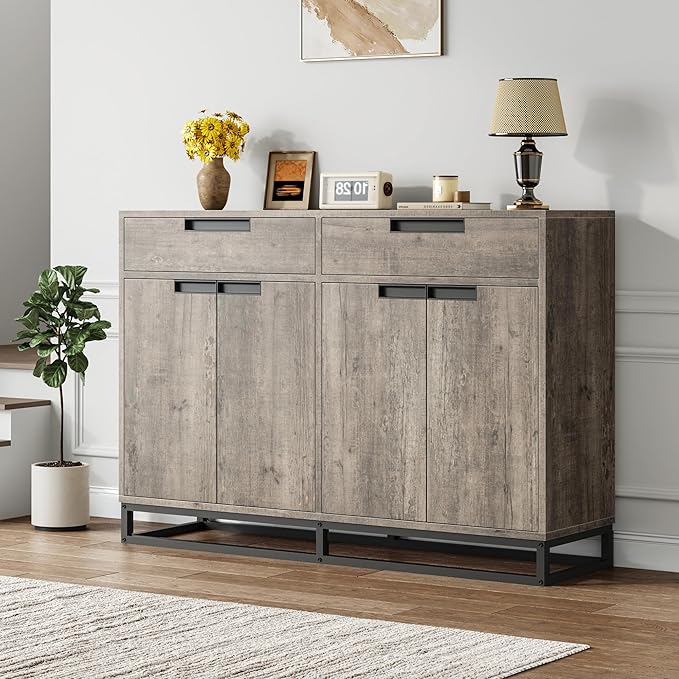 Garvee Kitchen Buffet Cabinet 55 Inch Large Modern Sideboard with 2 Drawers and 4 Doors, Coffee Bar Buffet Table for Kitchen and Dining Room, Grey