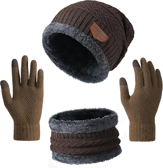 Winter Beanie Hat Circle Scarf Touchscreen Gloves Set, Snow Knit Skull Cap, Warm Thick Fleece Lined Neck Warmer for Men Women