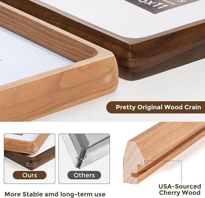 12x18 Picture Frame USA-Sourced Natural Cherry Wood Solid Original Wood Photo Frame Rounded Corner with Mat to 8x12 Picture Display with Real Glass Family Picture, Wedding Picture, Photo, Certificate