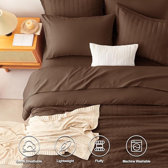 CozyLux King Size Comforter Set Brown Seersucker 7 Pieces Bed in a Bag King Comforter Set with Sheets, Luxury Soft Bedding Set with Down Alternative Comforter, Sheets, Pillowcases & Shams All Seasons