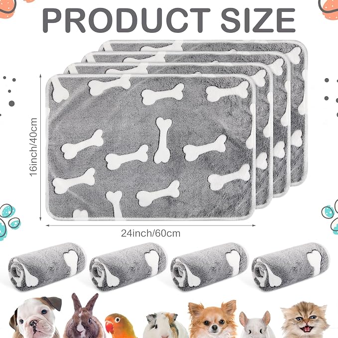 Reginary 4 Pcs Guinea Pig Fleece Blankets, Gray Bones, 24 x 16 Inch | Waterproof Washable Cage Liners, Absorbent Double Layer Bedding for Guinea Pigs, Reusable Pads for Hamsters Rabbits