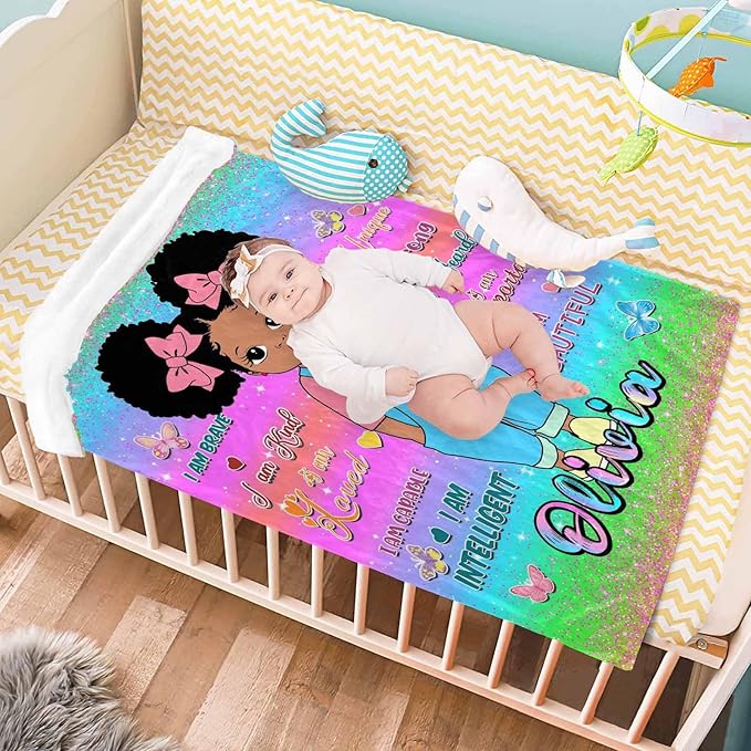 D-Story Custom Blanket with Name Text, Customized Flannel Throws Blankets Personalized Blanket Black Girl Blanket for Adults Kids Birthday Day Gift