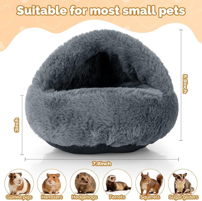 RAINFLOW Plush Guinea Pig Hideout Bed - Grey Fleece Hamster Cave Bed | Warm Cozy Small Animal Cave with Stable One-Piece Design, Washable Hamster Bed Hideaway for Guinea Pig, Bunny & Hedgehog Cage