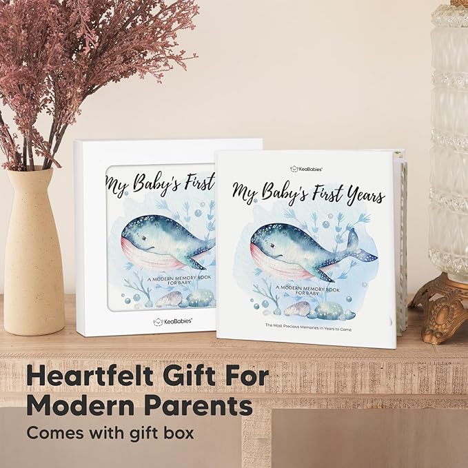 First 5 Years Baby Memory Book Girl, Boy - 90 Pages Hardcover First Year Milestone Keepsake Book, Newborn Scrapbook for New Parents, Minimalist Photo Album Journal, Gift for Baby Shower (SeaWorld)