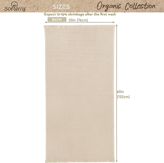 Softerry European Waffle Weave Bath Towel Set - 100% Organic Cotton - Quick Dry Lint Free Thin and Absorbent - Fade Resistant - Eco-Friendly (Set of 4 Bath, Natural)