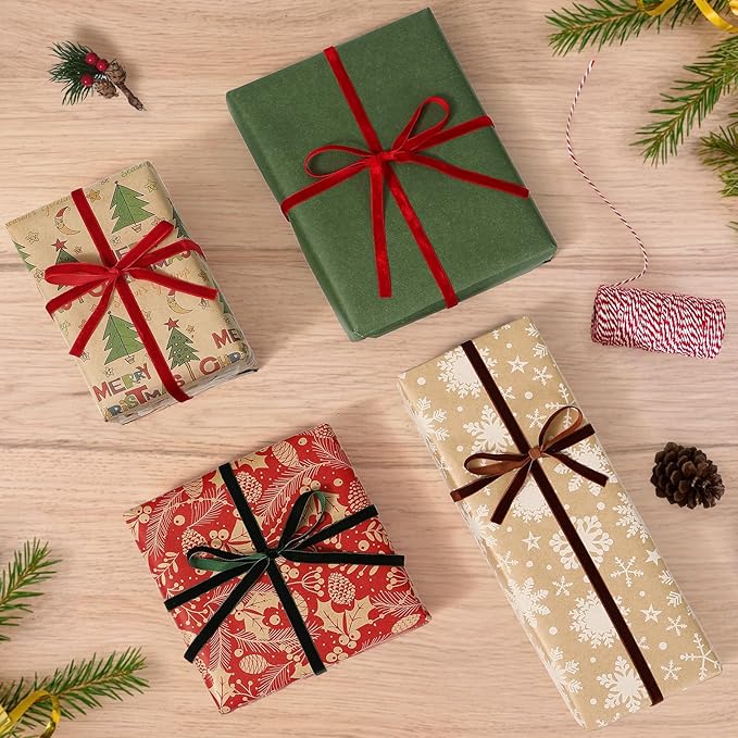 YANGTE Vintage Christmas Wrapping Paper Rolls, Brown Kraft Wrapping Paper Christmas Rolls with Red, Green and White Pattern, 4 Rolls Holiday Gift Wrapping Paper Rolls, 17in x 120in per Roll