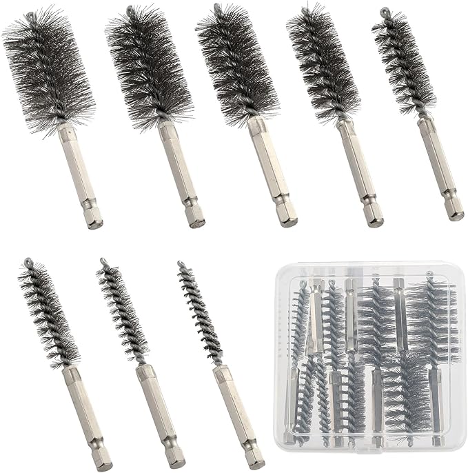 MAXMAN Stainless Steel Bore Brush, 8pcs Wire Brush for Drill, Durable Metal Bristles Twisted, 8 Size Set Multiple Diameter Options, 1/4 Inch Hex Shank, for Power Drill Impact Driver & Tube Cleaning