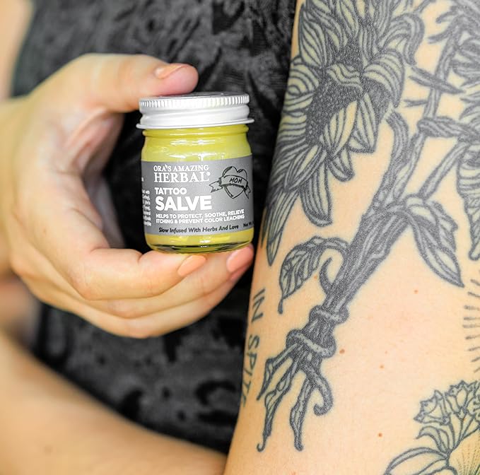 Ora's Amazing Herbal Tattoo Salve, Tattoo Aftercare Balm, Paraben Free Healing OIntment For New Tattoos, Brightening Moisturizer For Old Ink, Itchy Tattoo Relief Cream, Plastic Free, 1 oz Travel Size