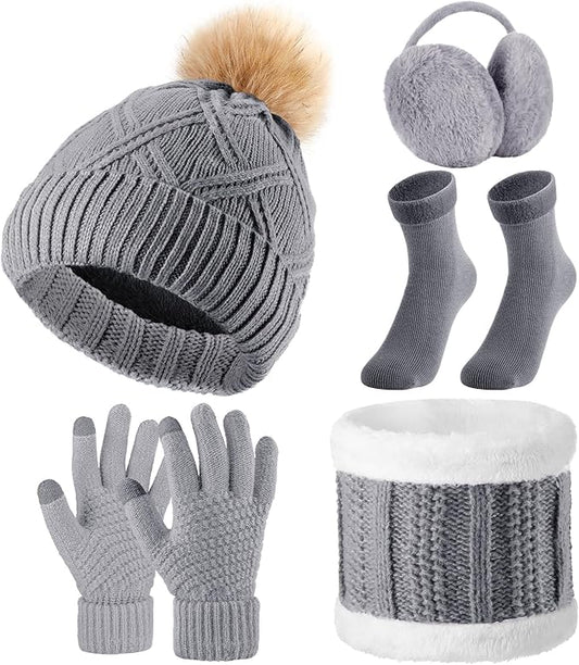SATINIOR 5 Pcs Winter Hat Scarf Gloves Set Fleece Warm Lined Knit Beanie Hat Touch Screen Earmuff Gloves Warmer for Women(Grey,Stylish Style)