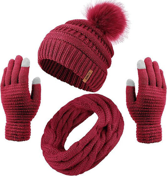 Aneco Womens Winter Warm Sets Knitted Fur Pompoms Beanie Hat Circle Loop Scarf Touch Screen Gloves Winter Favor Accessories