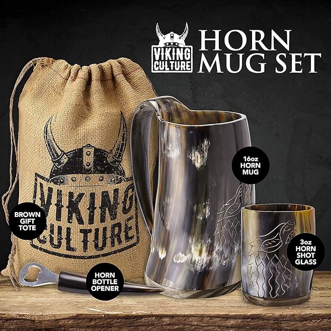 Viking Culture Ox Horn Mug, Shot Glass, and Bottle Opener (3 Pc. Set) Authentic 16-oz. Ale, Mead, and Beer Tankard | Vintage Stein with Handle | Polished Finish | Diagonal Stripes
