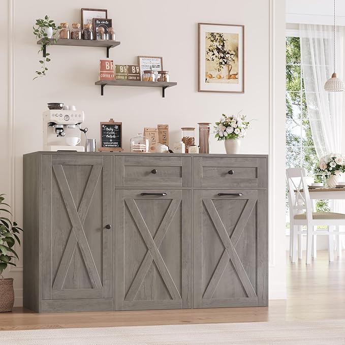 HOSTACK 12.5 Gallon Kitchen Trash Cabinet, 47" Double Trash Can Cabinet, Large Pull Out Can Storage Drawers, Wood Farmhouse Hidden Garbage Storage Buffet for Kitchen, Dining Room, Ash Grey
