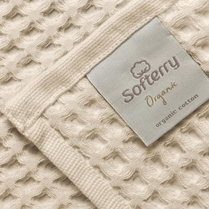 Softerry European Waffle Weave Bath Towel Set - 100% Organic Cotton - Quick Dry Lint Free Thin and Absorbent - Fade Resistant - Eco-Friendly (Set of 4 Bath, Natural)