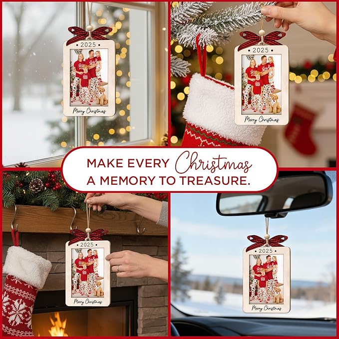 2025 Christmas Ornament Picture Frame - Wooden Portrait Photo Frame Ornaments - Picture Frame Ornament For Tree - Merry Christmas Ornaments With Picture Insert - Christmas Gift For Family, Friends