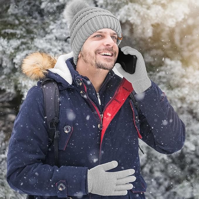 Aneco Womens Winter Warm Sets Knitted Fur Pompoms Beanie Hat Circle Loop Scarf Touch Screen Gloves Winter Favor Accessories