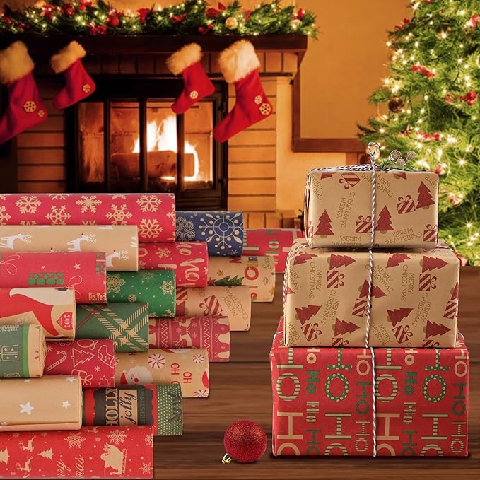 AhfuLife 2 Rolls Christmas Wrapping Paper - 17 Inch × 49.2 Feet Per Roll, Recyclable Red Brown Kraft Xmas Wrapping Paper for Gift Box Decoration