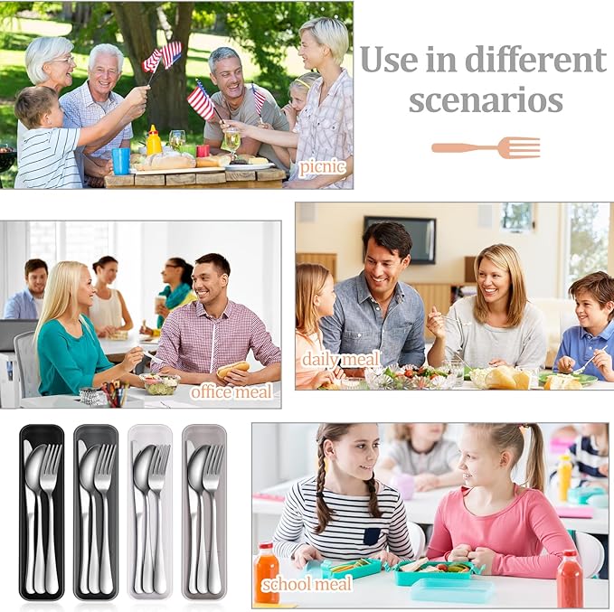 Yinkin 4 Pack Portable Travel Utensils Set with Case Reusable Stainless Steel Silverware Flatware Camping Cutlery Include Fork Spoon Knife for Work School Dishwasher Safe (Classic Color)
