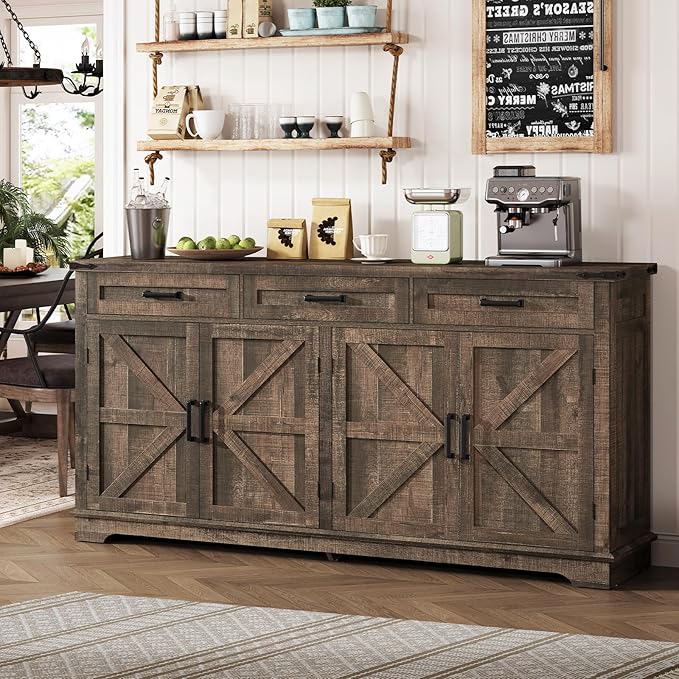 usikey Buffet Cabinet, 61” Large Sideboard Buffet Storage Cabinet with 3 Drawers, Farmhouse Coffee Bar with 4 Doors, Buffet Table for Kitchen, Living Room, Antique Oak