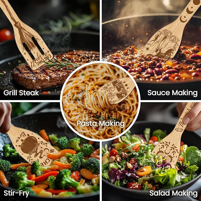 CUTHOLLOW 6PCS Magic Witch Wooden Kitchen Cooking Utensil Set, 11.9in Non Toxic Bamboo Wood Spoon Set for Cooking, Best Housewarming Halloween Decor Gift for Women Mother
