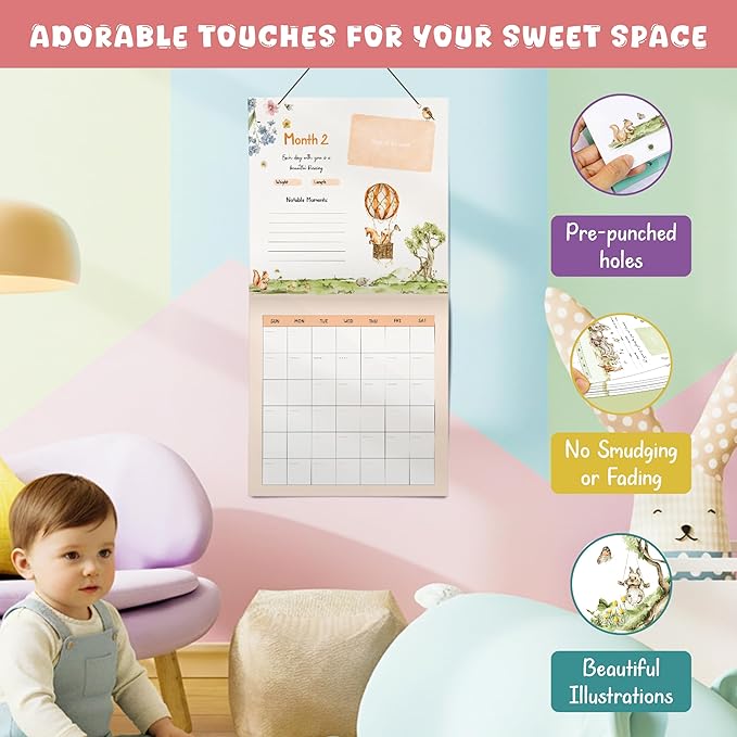WOODAMORE Baby Calendar First Year with Stickers - Wildflower Baby First Year Memory Book, Babies Milestone Calendar Tracker, Babies 1st Book Keepsake for Newborn Girl