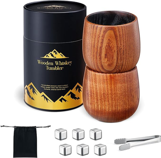 Charred Wooden Bourbon Drinking Glass, 2 Handcrafted Whiskey Tumblers | Bourbon Gifts for Men | Charred Old Fashioned Glass | Unique Whiskey Gifts for Men, Dad, or Brother - Includes 6 Metal Ice Cubes