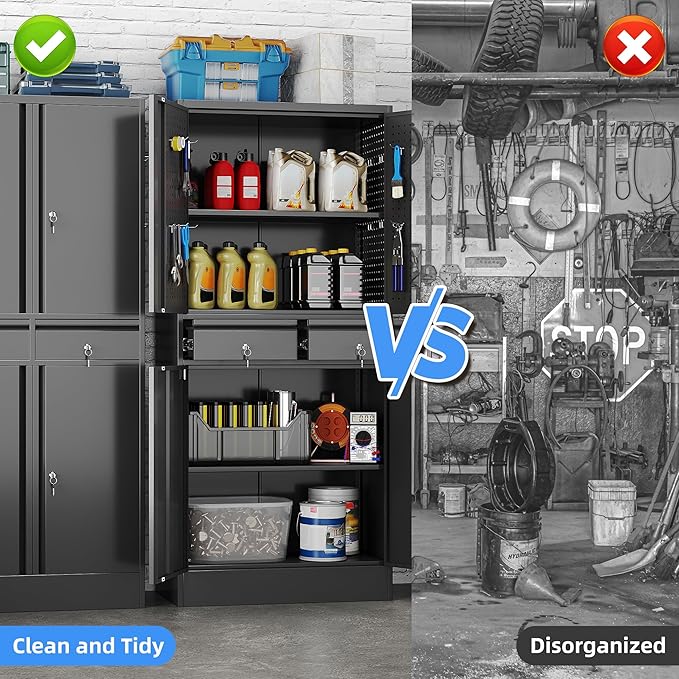 Garage Storage Cabinet with 2 Drawers and Pegboard, Locking Metal Storage Cabinet with Doors and 2 Adjustable Shelves, 71" H Steel Tool Cabinets for Garage, Home, Black, Assembly Required