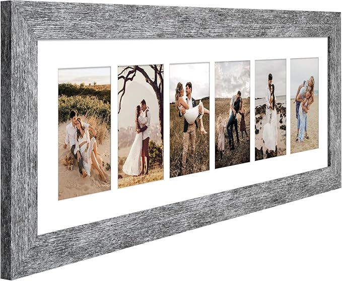 8x26 Picture Frame Display 6 opening 4X6 Picture Frame Collage,Multi Photo Frame with Mat,Plexiglass,Wall or Tabletop Decor,Grey Wood Grain
