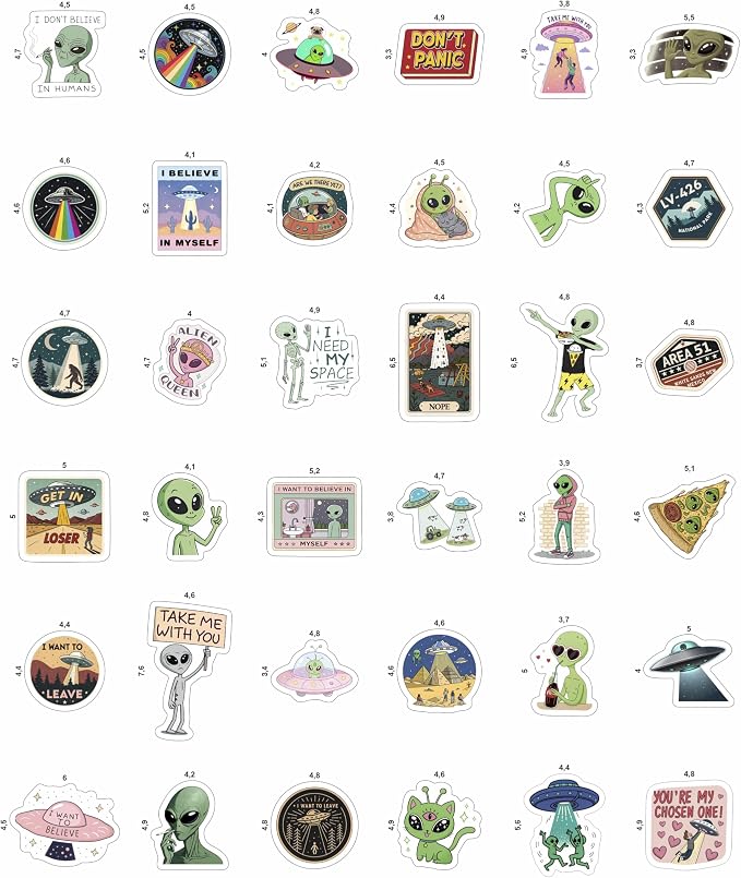 100Pcs UFO Stickers for Water Bottle, Laptop – Alien Stickers and Decals – UFO Gifts - Alien Party Supplies & Decorations - Gifts for Men & Women