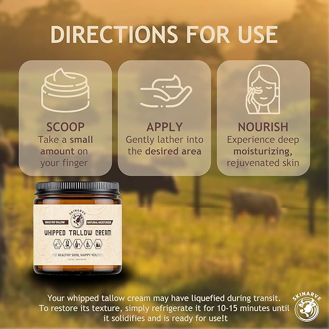 Beef Tallow for Skin 4oz Unscented, Organic Whipped beef Tallow and Honey Balm, 100% Grass Fed Beef Tallow Face Moisturizer For Dry Skin, Lip balm, Eczema Natural Tallow Moisturizer (Cream, Cream)