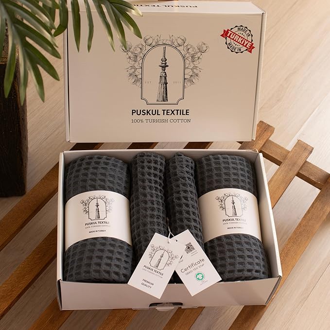 PÜSKÜL - Premium Waffle Towel Set 4 Pieces Gray Anthracite - Organic 100% Turkish Cotton Quick-Dry Towels for Bathroom Made in Turkiye (Dark Gray, Towel Set - 2 Hand & 2 Bath Towels)