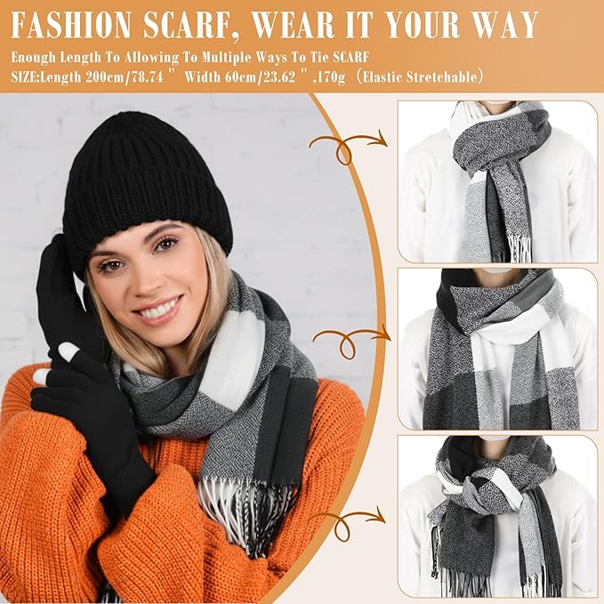 Geyoga 6 Pcs Winter Hat Scarf Gloves Set Knitted Touchscreen Gloves Plaid Scarf Earmuffs Socks Gift for Women Men