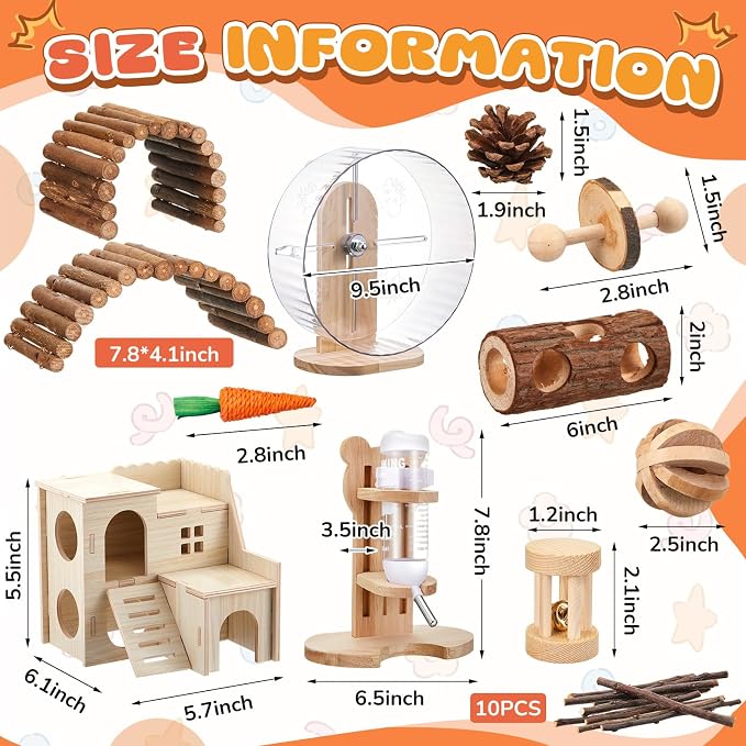 18 Pcs Hamster Cage Accessories, Silent Hamster Wheel 15 Toys Set | Maze Wood House and Water Bottle Set for Rat Mice Small Animals Habitat Decor Enrichment Starters(Natural Log Style)