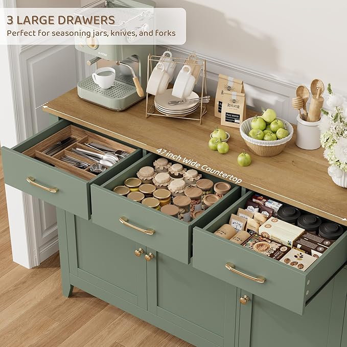 HORSTORS 47" Buffet Cabinet with Storage, Kitchen Buffet Table with Drawer, Modern Coffee Bar Storage Cabinet with Adjustable Shelf, Wood Sideboard for Dining Room, Kitchen, Entryway, Light Green
