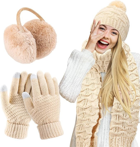 JenPen 4 Pcs Winter Hat Scarf and Gloves Set for Women Include Ear Cover Cold Weather Scarf Hat Knit Beanie Gloves