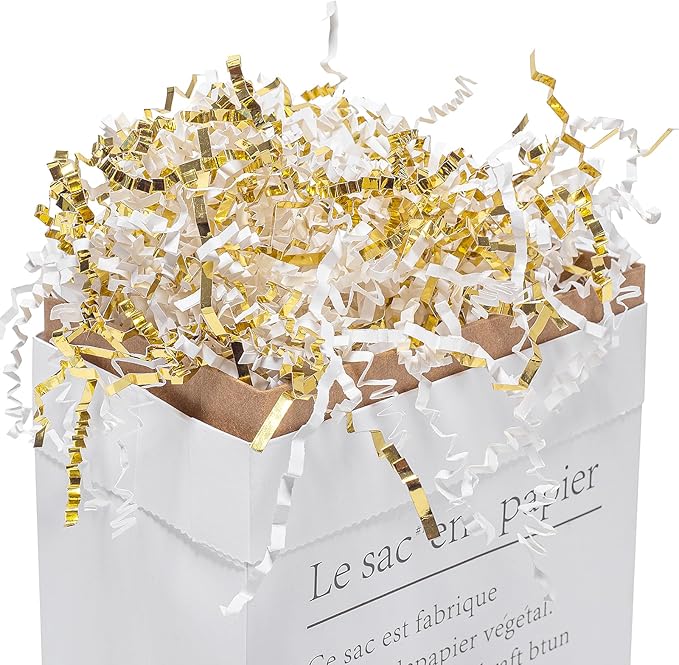 Mefleet 1/2 LB Crinkle Cut Paper Shred Filler 8 oz White & Gold Crinkle Shredded Paper for Gift Box - Gift Basket Bag Filler - Grass Cushion Stuffing for Easter, Mother's day, Birthday Packaging Wrapping