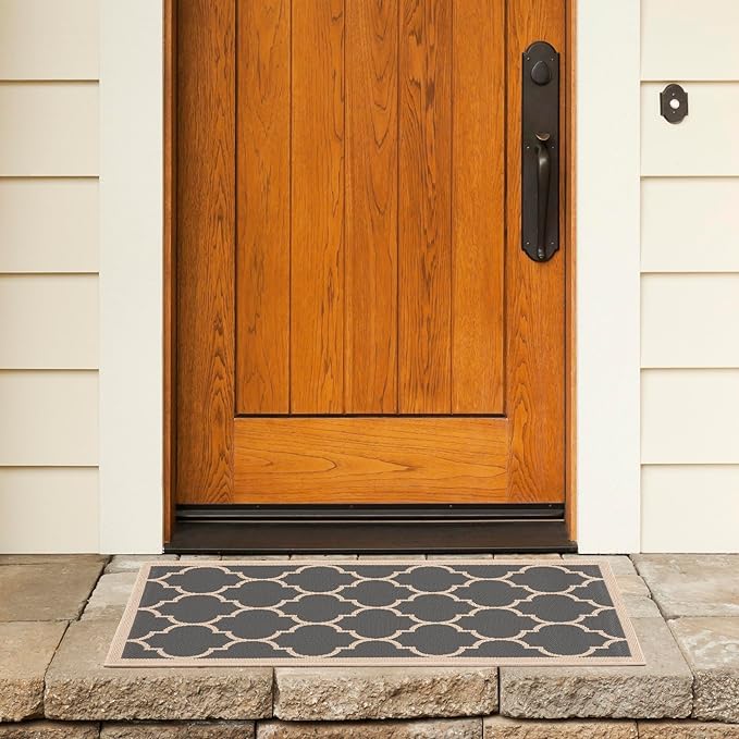 SAFAVIEH Washable Rug Outdoor Courtyard Collection - 2' x 3'7", Anthracite & Beige, Non-Shedding & Easy Cleaning, Ideal for Patio, Front Door, Entryway, Doormat (CY6914-246)