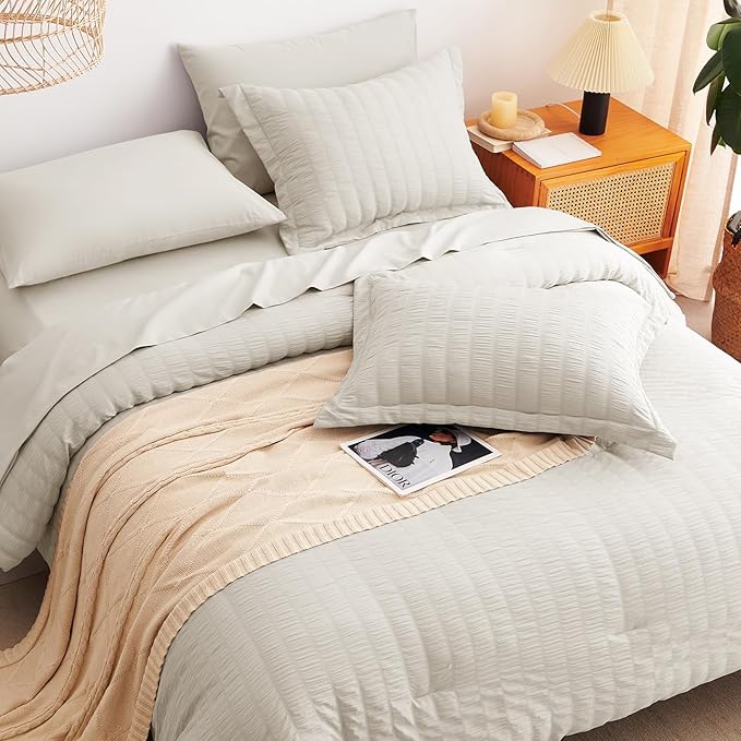 CozyLux King Size Comforter Set Beige Seersucker 7 Pieces Bed in a Bag King Comforter Set with Sheets, Luxury Soft Bedding Set with Down Alternative Comforter, Sheets, Pillowcases & Shams All Seasons