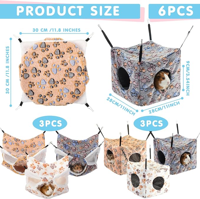 AceOrbit 6 Pcs Ferret Cozy Cage Accessories Triple Rat Cage Hanging Hammock Guinea Pig Cube Hammock Chinchilla Bed Hideout Small Animals Toy Accessories Sugar Glider Squirrel Hamster (Cute Paws)