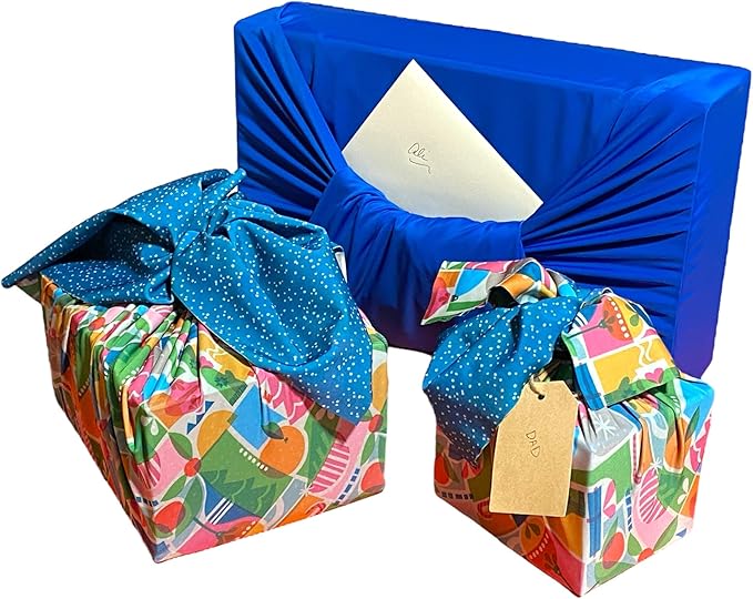 SHIKIWRAP Reusable Cloth Gift Wrap – Set of 3 Holiday Shapes & Deep Blue Eco-Friendly, Reversible, Stretchy Furoshiki Fabric Wrap for Birthday Gifts, Holidays, Special Occasions & Sustainable Living