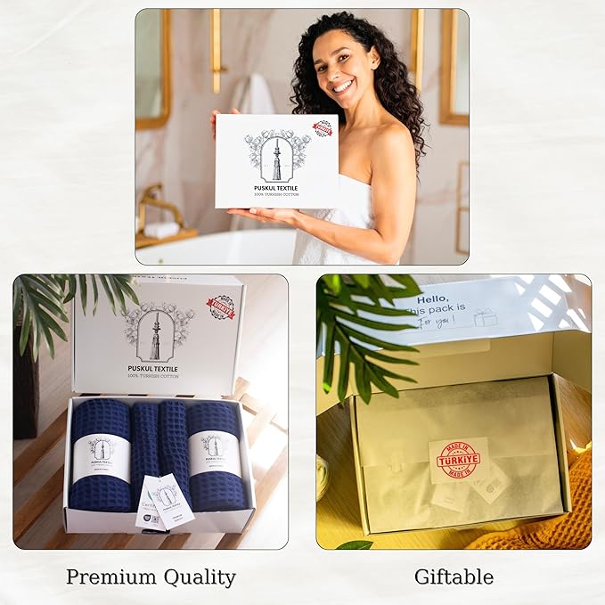 PÜSKÜL - Premium Waffle Towel Set 4 Pieces Navy Blue - Organic 100% Turkish Cotton Quick-Dry Towels for Bathroom Made in Turkiye (Navy Blue, Towel Set - 2 Hand & 2 Bath Towels)