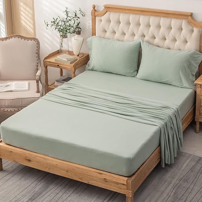 PURE ERA Jersey Knit 4pc Bed Sheet Set 100% T-Shirt Cotton Super Soft Comfy Breathable Fits Mattress Up to 20" Extra Deep Pocket (Solid Sage Green, Queen)