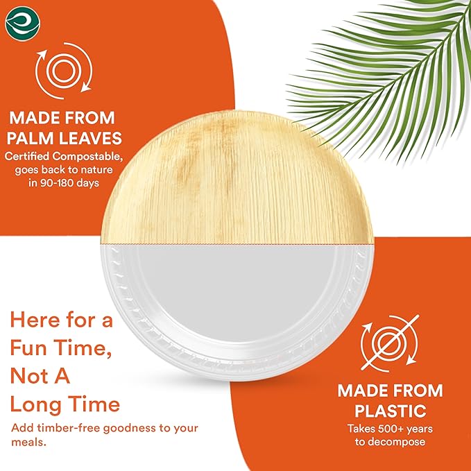 ECO SOUL Compostable 10 Inch Palm Leaf Round Plates (100 Count) Like Bamboo Plates | Biodegradable | Eco-Friendly, Microwave & Oven Safe