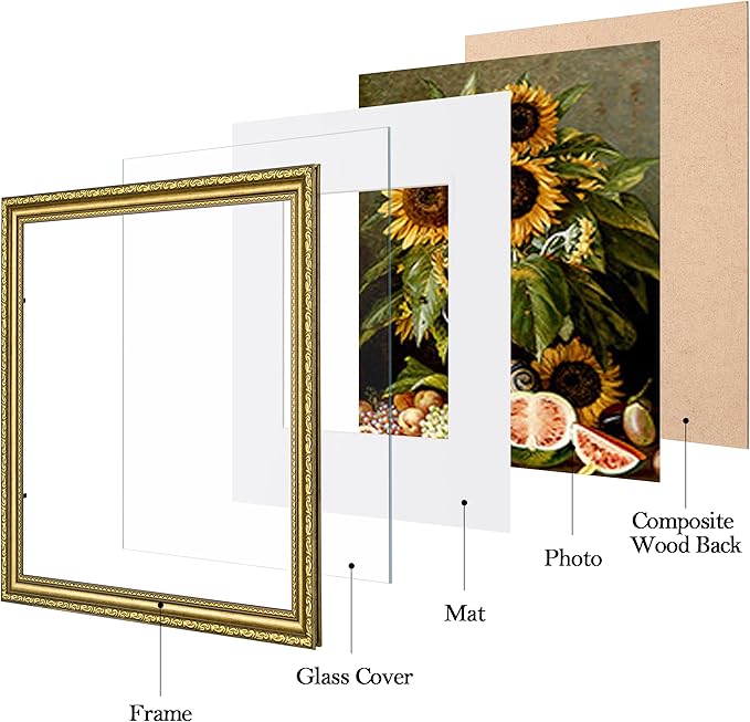 eletecpro 12x12 Picture Frames Set of 4, Vintage Photo Frame with Glass, Gold Frames 12 by 12 Display 8x8 Photo with Mat or 12x12 without Mat for Home Wall Decor, Gold