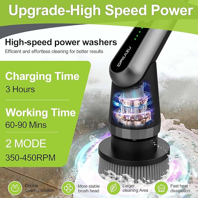 G2-Pro Electric Spin Scrubber - Upgraded 10-in-1 Scrubber Brush Electric, Retractable Handle & 2-Speed for Bathroom, Bathtub, Kitchen, Tile Floors(Gray Brush Head