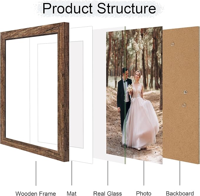iRahmen 10x14 Picture Frame Set of 4 with Tempered Glass, Rustic Frame Display 8x12 Pictures with Mat or 10 x 14 Without Mat, Wooden Photo Frames for Wall Mounting
