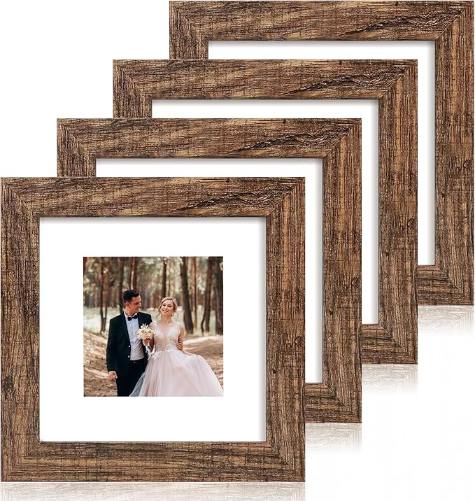 iRahmen 6x6 Picture Frame Set of 4 with Real Glass, Rustic Frames Display 4x4 Picture with Mat or 6 x 6 Without Mat, Wood Square Photo Frame for Wall Mount and Tabletop Display