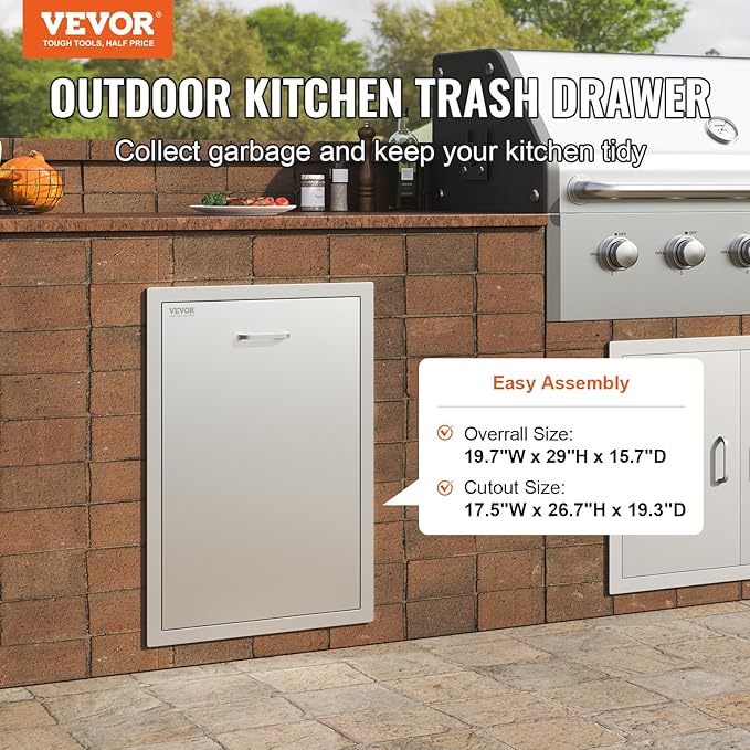 VEVOR Outdoor Kitchen Trash Drawer, 19.7"W x 29"H x 15.7"D Inch, Outdoor Kitchen Drawers Cabinets, Stainless Steel BBQ Island Drawers, Trash Pull Out Drawer, BBQ Trash Bin, Outdoor Grill Drawers